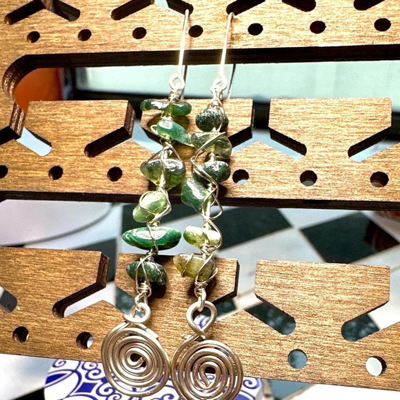Alquimia Jewelry - moss agate silver dangle drop very long earrings/Manifesting abundance